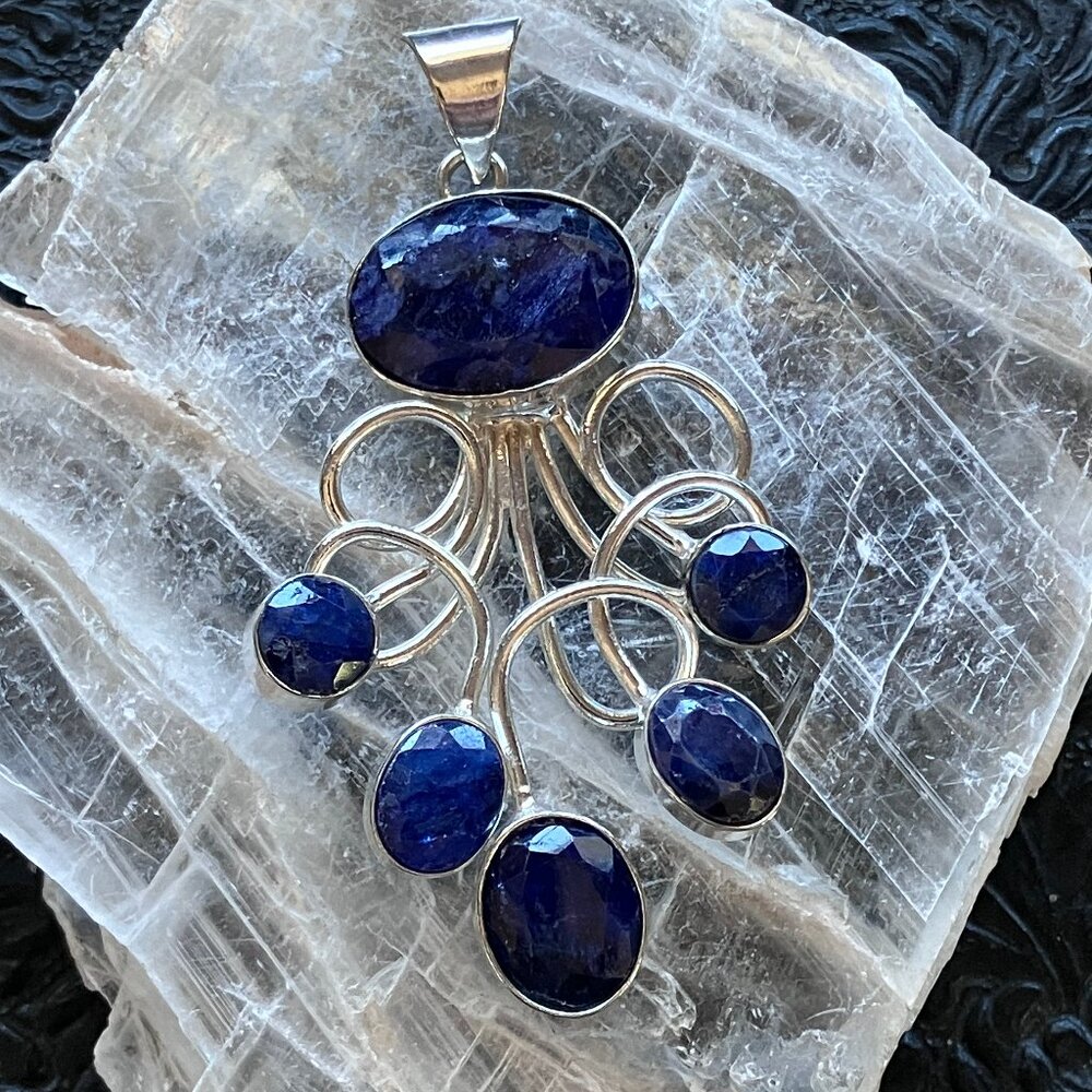 Simulated Sapphire Gemstone Crystal Jewelry Swirl Pendant